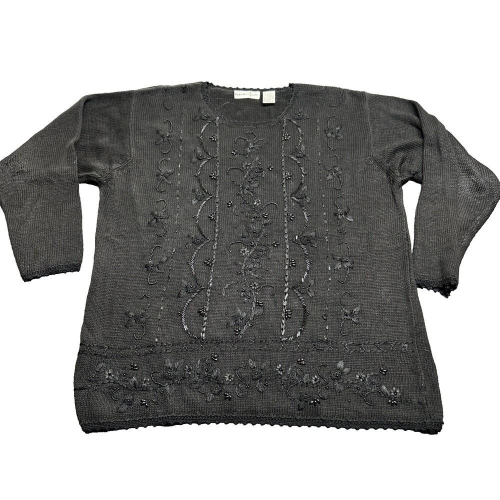 VTG By Design Black Black Beaded Sweater Floral L Knit Cotton Dark Romantic